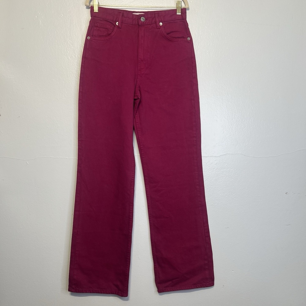 Zara Size 6‎ Burgundy Denim Jeans Wide Leg Pockets Casual Long
